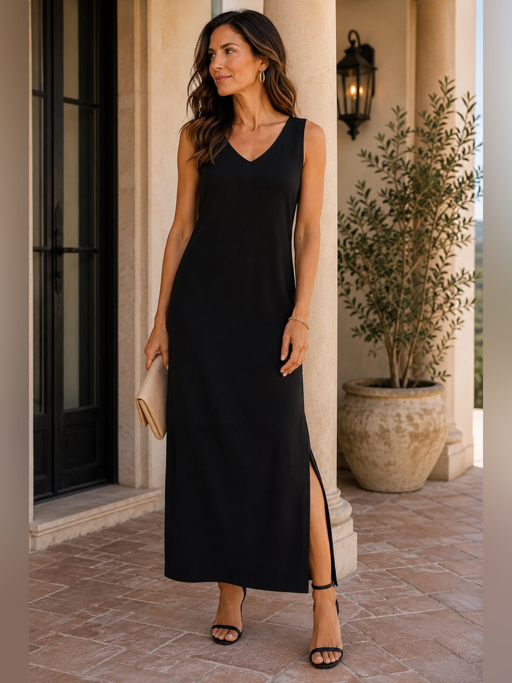 Talbots Petites Black Maxi Dress V Neck Criss Cross Back Side Slit Small Petite